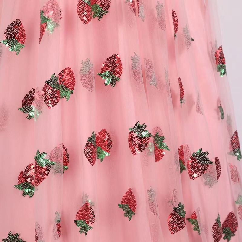 Strawberry Puff Sweet Voile Mesh Sequin Embroidery Dress