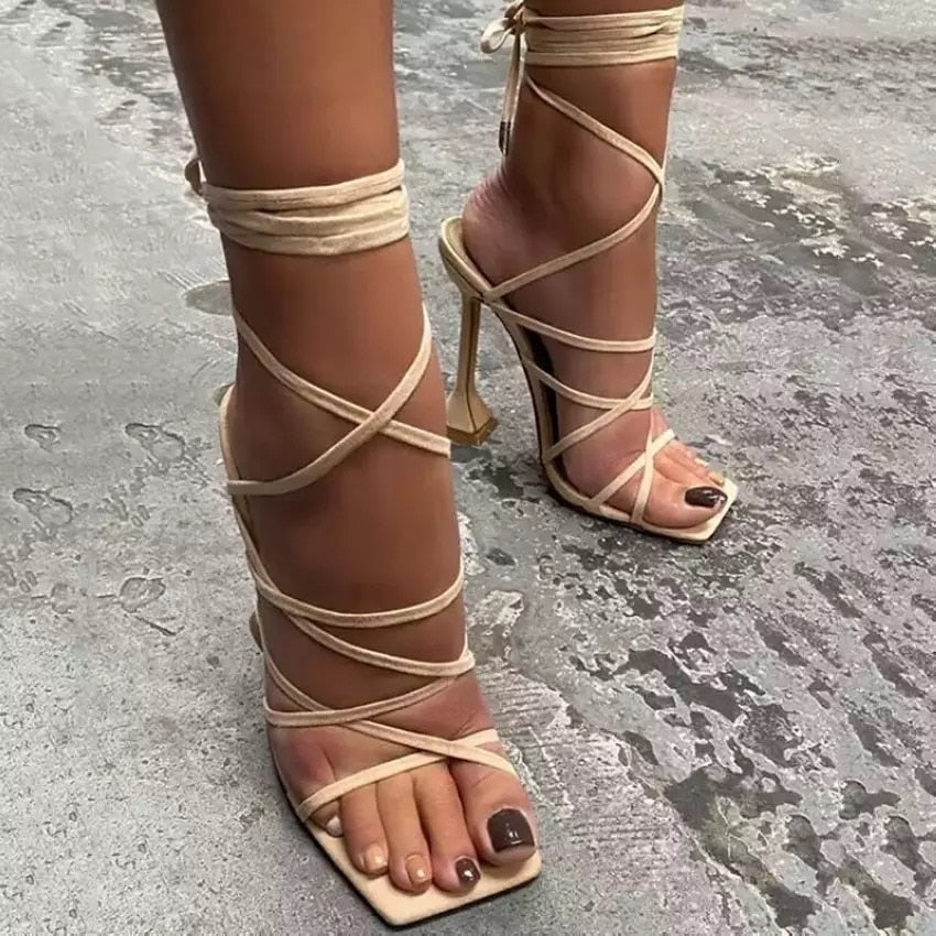 Sexy Lace Up Square Toe Spike Heels