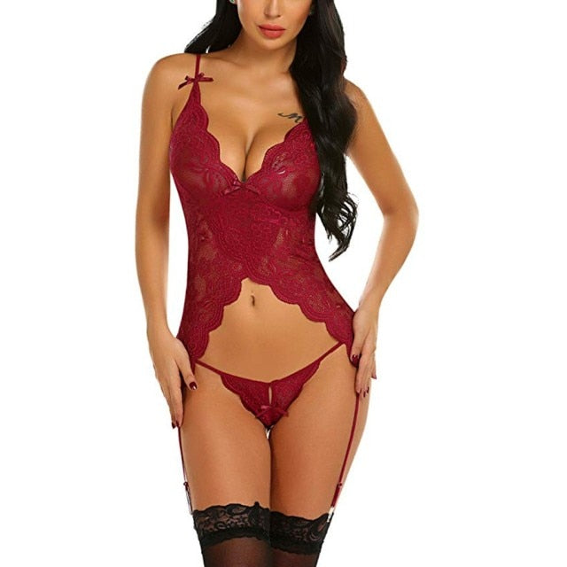 Sexy Lace V-Neck Thong With Garter Bodysuit