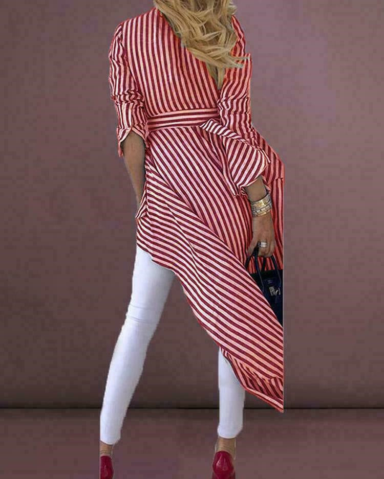 Long Sleeve Striped Tied Front V Neck Blouse