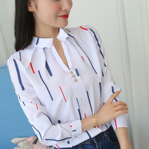 Long Sleeve Striped Tied Front V Neck Blouse