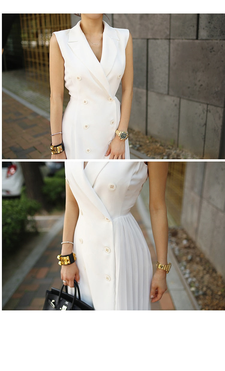 Elegant Pleated Double Breasted Sleeveless Dress