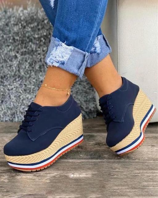 Solid Color Round Toe Lace-Up Wedge Sneaker