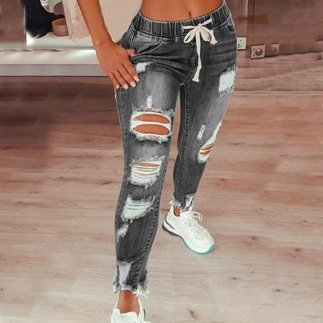 Women's Drawstring High Waist Stretch Ripped Hole Jeans