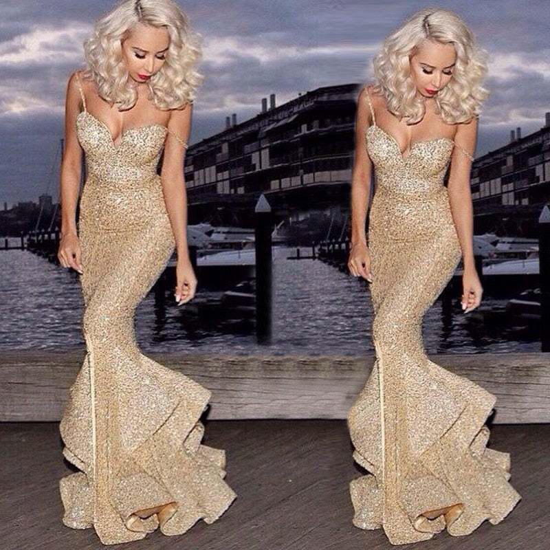 Gold Strap V-Neck Sequin Slim Dress