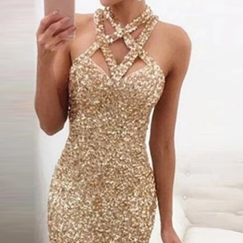 Gold European Sexy Halter Sleeveless Dress