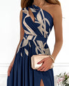 Elegant One Shoulder Floral Print Slit Maxi Party Dress