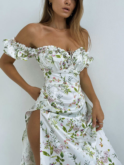 Floral Off Shoulder Puff Sleeve Maxi Dress