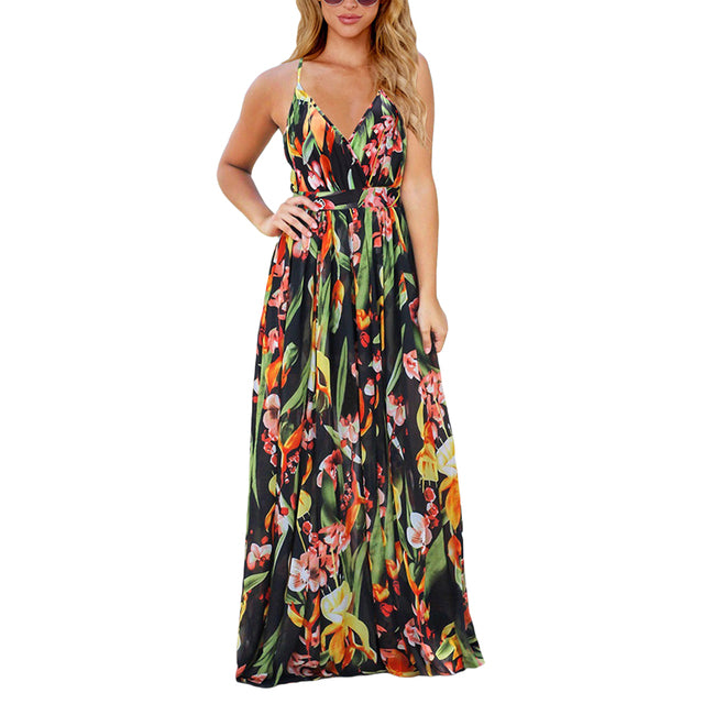 Floral Long V-Neck Sleeveless Maxi Dress