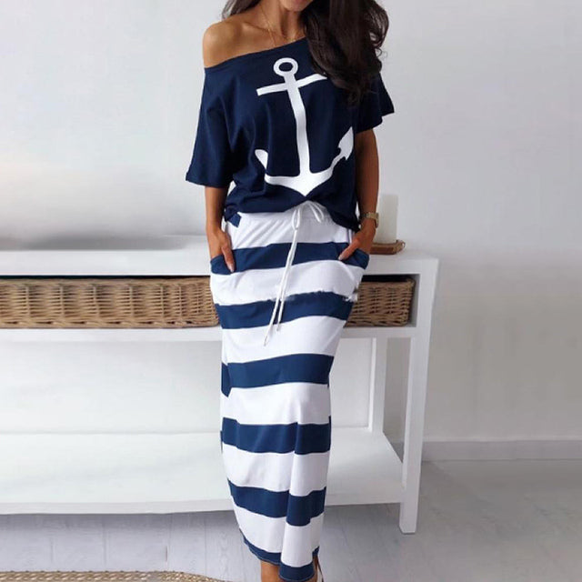 Striped Slash Ankle-Length Two Piece Maxi Dress