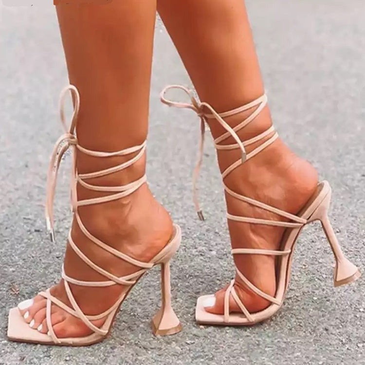 Sexy Lace Up Square Toe Spike Heels